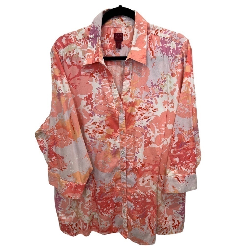212 Collection Plus Size Button Front 3/4 Sleeve Pink Floral Top Size 3X